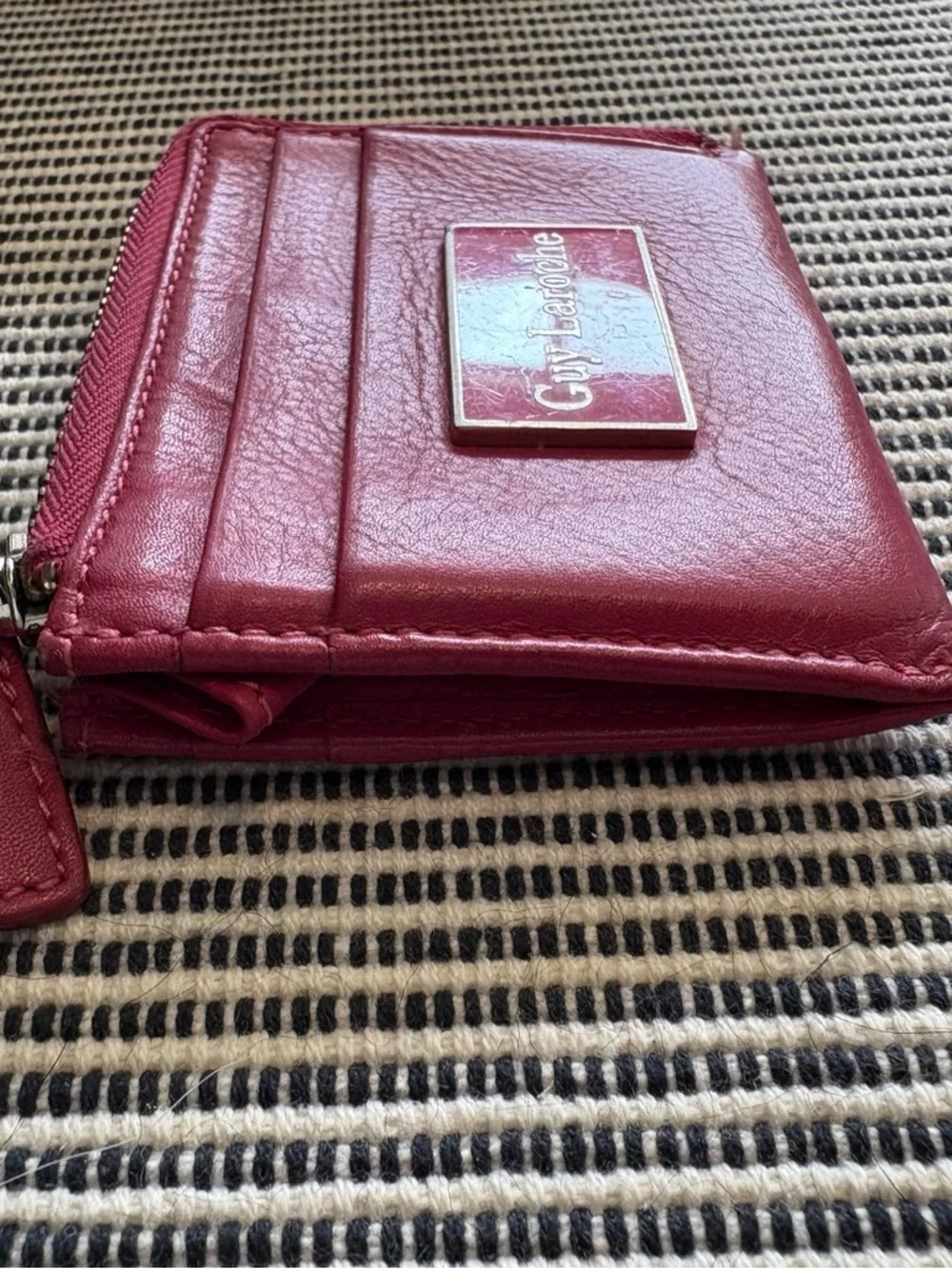 Guy Laroche Fuchsia Leather Card Wallet with Gold Logo Plaque